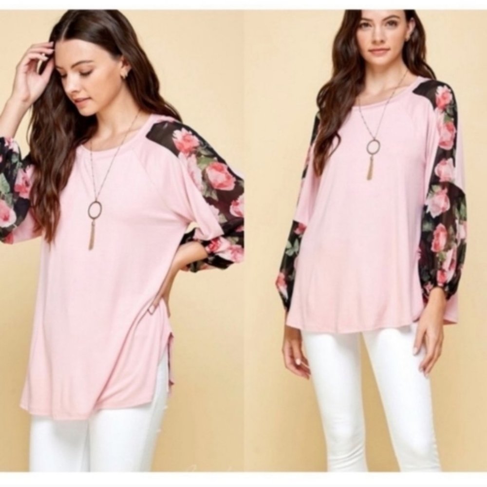 Pink Top with Floral Chiffon Sleeves✨️